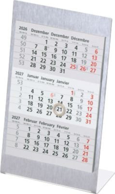 Tisch-Aufstellkalender 2027/2028 aus Edelstahl gebürstet in Silber, 3-sprachig, magnetisch mit 24 Seiten und Datumsschieber, B: 10,5 cm, H: 23 cm - Bild 1