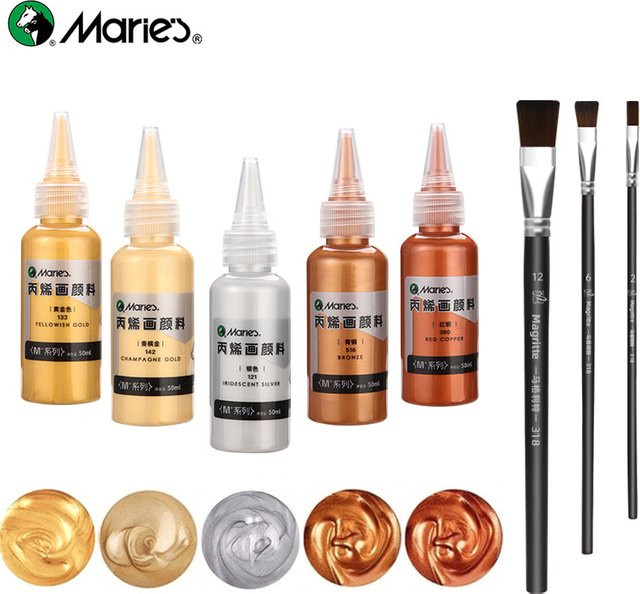 Marie's 8-teiliges Acrylfarben-Set mit Metallic-Effekten in Gold und Silber, 5 Farben à 50 ml und 3 Pinseln - Bild 1