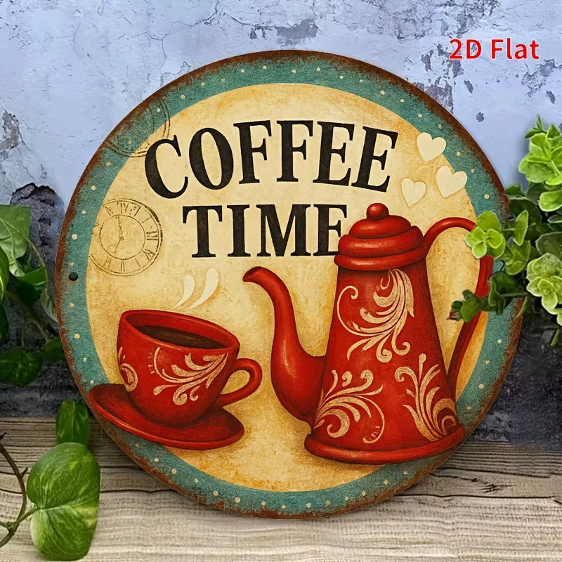 Potdemiel Vintage Coffee Time Metallschild, runde Aluminium-Wanddekoration im rustikalen Design, Durchmesser: 20,32 cm, Mehrfarbig - Bild 2