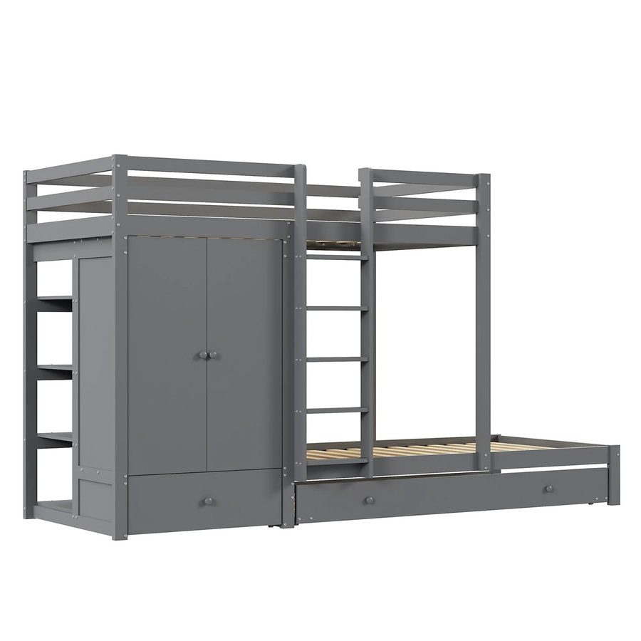Merax Etagenbett mit Ausziehbett und Schubladen aus Massivholz und MDF, Grau/Weiß, B/T/H: 90 x 200 x 170 cm - Bild 2