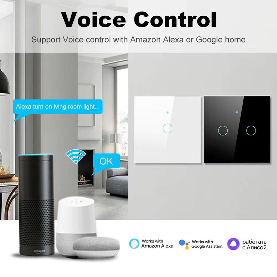Smart Switch EU WiFi Touch-Lichtschalter mit Tuya und Smart Life, kompatibel mit Alexa und Google Assistant, Schwarz, 1/2/3/4 Gang, mit oder ohne Neutralleiter - Bild 1