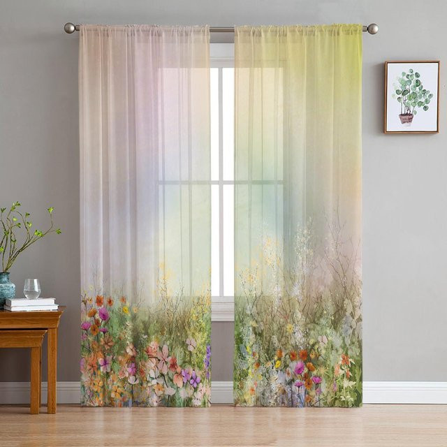 Transparenter Tüll-Voile-Vorhang mit Blumenstrauß Aquarellmalerei von Household supplies MH, Mehrfarbig, Breite: 135 cm, Höhe: 137 cm - Bild 1
