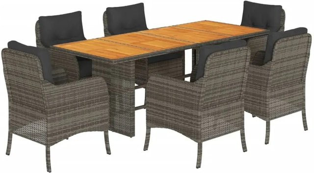 vidaXL 7-teilige Garten-Essgruppe aus Poly Rattan und Akazienholz mit Kissen in Grau und Braun - Bild 1