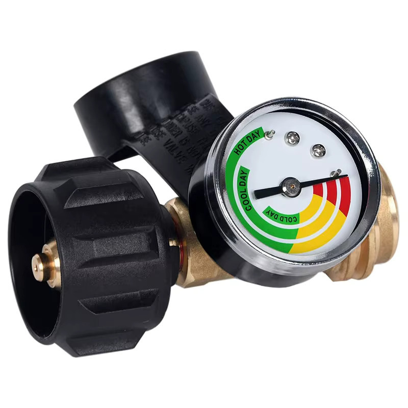 ABMO Propan-Tankmessgerät mit POL-Anschluss und Druckventil für 5–100 Pfund in Schwarz und Gold - Bild 3