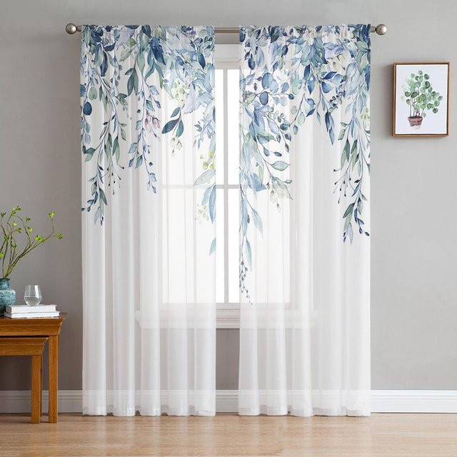 Super Six Tüllvorhang mit blauem Blumenmuster in Weiß und Blau, B/H: 135 x 160 cm - Bild 1