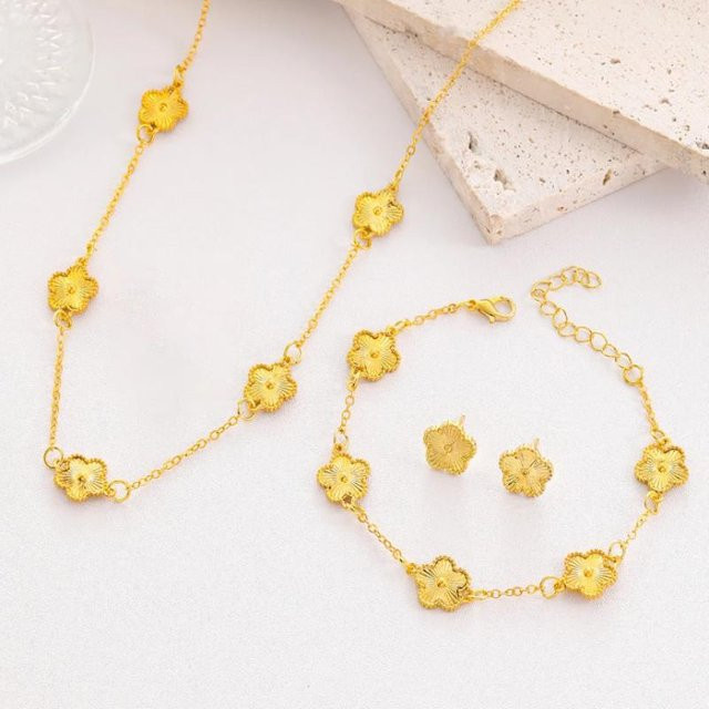 Schmuck-Set LuckyDay3, Blumenarmband, Halskette, Ohrringe, Gold, Damen - Bild 1