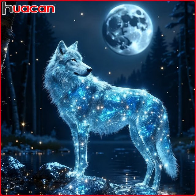 Huacan Diamantgemälde Wolf und Mond als dekorative Tierlandschaft mit Rundbohrern in Blau, Breite: 20 cm, Höhe: 20 cm - Bild 1