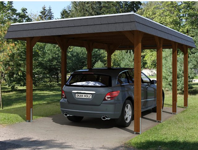 Holz Carport Spreewald von SKANHOLZ in Nussbaum mit schwarzer Blende, B/T: 345 x 589 cm, Höhe: 241 cm - Bild 1