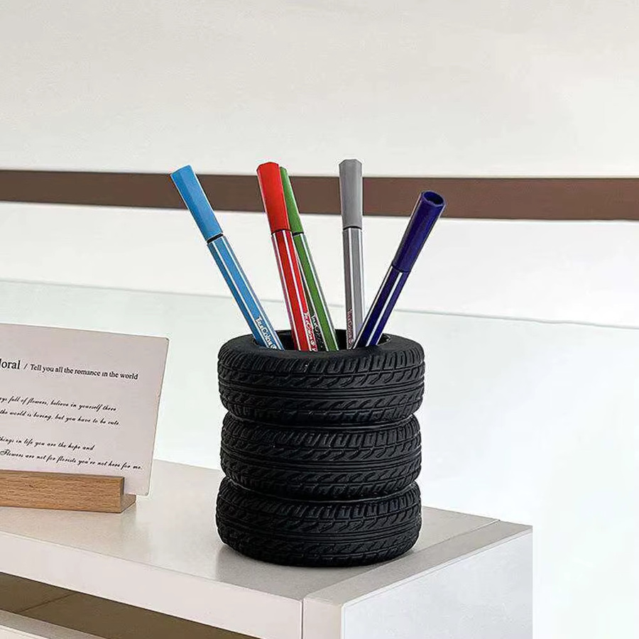 Schwarzer Stifthalter in Reifenform aus Kunststoff als Schreibtisch-Organizer mit Briefaufbewahrung für Schule und Büro - Bild 6