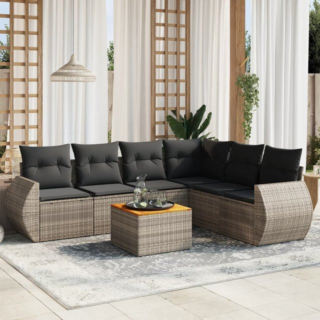 vidaXL 7-tlg. Garten-Sitzgruppe in L-Form mit Kissen in Grau - Bild 3