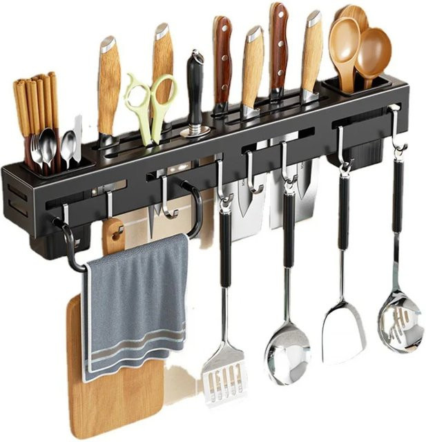 FEB.WIND Küchenorganisator aus Edelstahl für die Wandmontage, multifunktionales Aufbewahrungsregal für Messer und Utensilien, Farbe: Schwarz/Silber - Bild 1