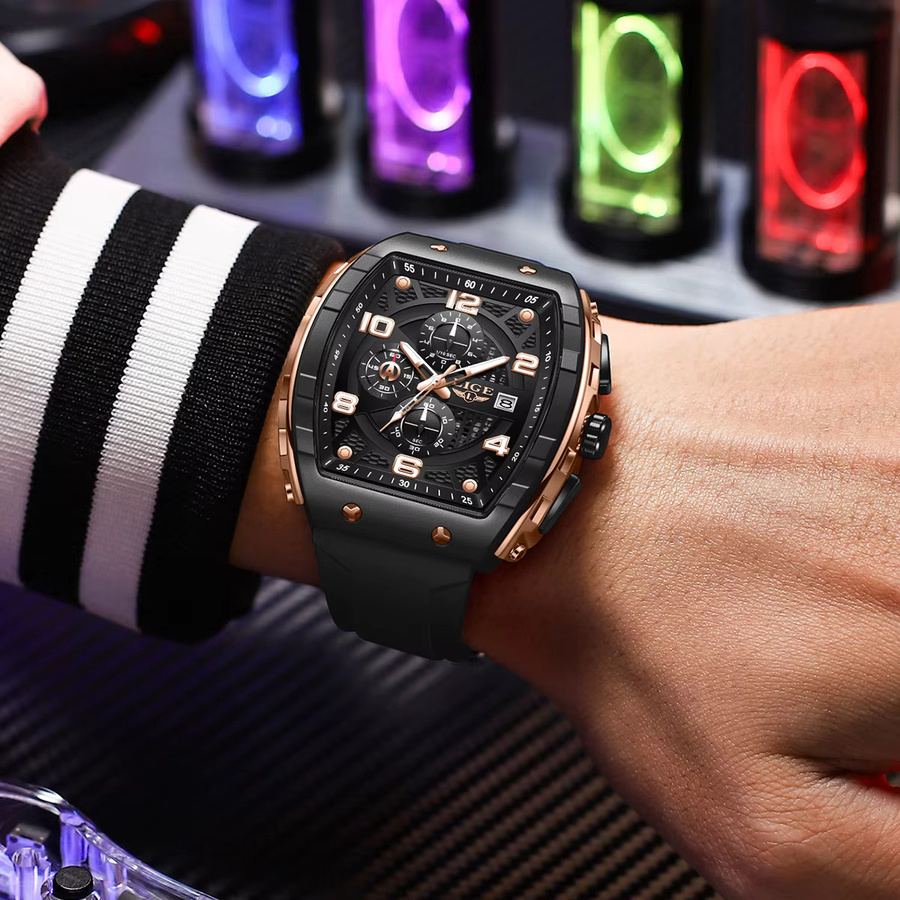 LIGE Chronograph Herrenuhr, Quarz, Silikonarmband, Schwarz - Bild 4