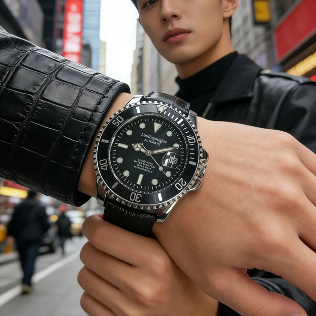 LUOLINGONGJUE Armbanduhr Automatik, Edelstahl, Leder, Schwarz, Herren - Bild 1