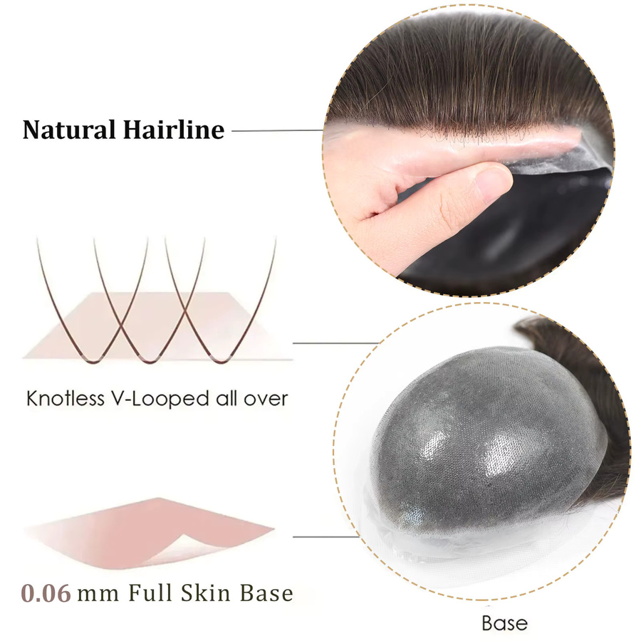 Bfirehair 4-Voll-PU-Toupet für Männer, Echthaar-Ersatzsystem, V-Schleife - Bild 2