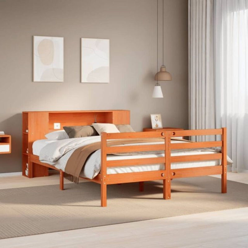Massivholzbett aus Kiefer mit Regal von Vidaxl in Braun, B/T/H: 135 x 190 x 82 cm - Bild 1