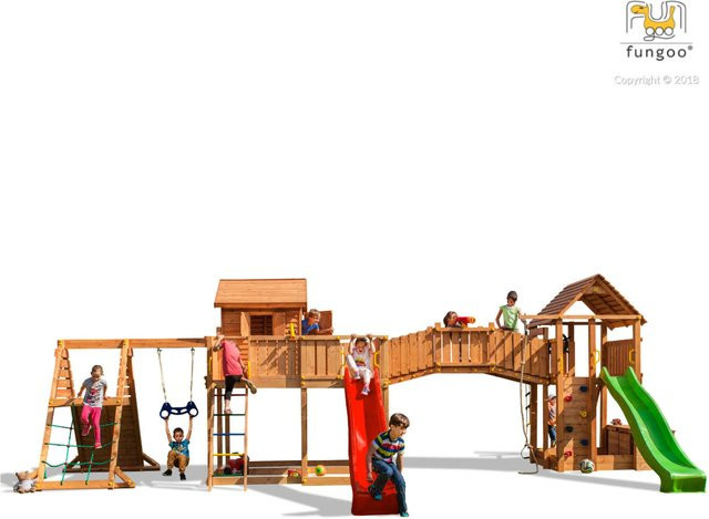 Fungoo Spielturm Maxi Set Spider Land My Space XL Fortress Toybox Rainbow Spider+ in Teak mit 2x Rutschen, 2x Spieltürmen, Verbindungsbrücke, Schaukel, Leiter, Trapez, Kletterseil und Kletterwänden - Bild 1