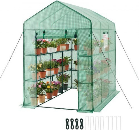 VEVOR Gewächshaus mit PE-Abdeckung und 14 Regalböden, Foliengewächshaus für den Garten mit Fenstern und aufrollbarer Reißverschlusstür, B/T/H: 137 x 206 x 196 cm