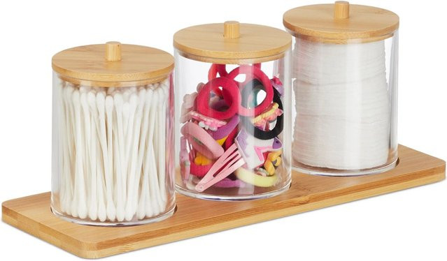 Relaxdays Wattestäbchenbehälter aus Kunststoff und Bambus mit Deckel und Tablett, Transparent, Natur, B: 11 cm, T: 27 cm, H: 9,5 cm - Bild 1