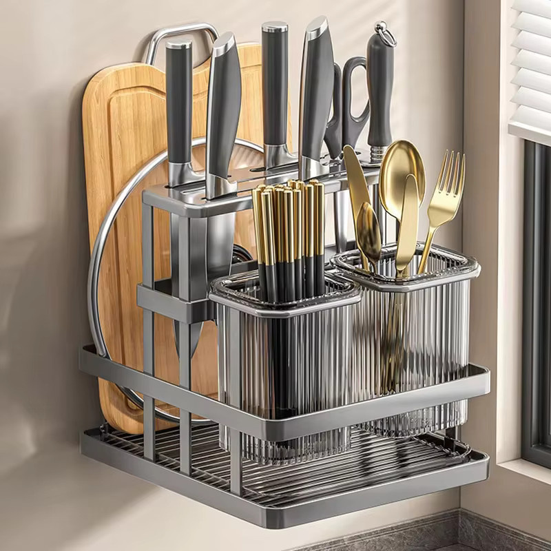 Wandmontiertes Küchen Messer Rack aus Edelstahl als Besteck Organizer und Halter für Schneidebretter und Topfdeckel in Silber oder Schwarz - Bild 2