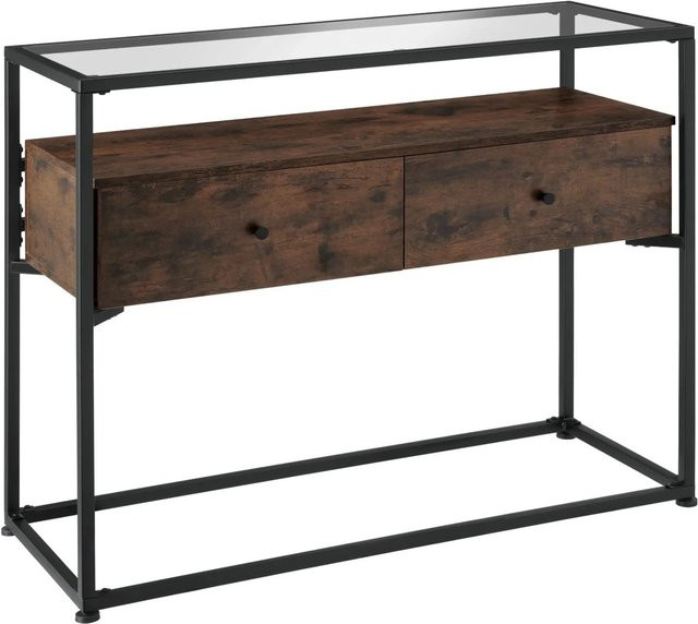 tectake Konsolentisch im Industrial Style mit Sicherheitsglas und 2 Schubladen, Farbe Braun, B/T/H: 101,5 x 41,5 x 80,5 cm - Bild 2