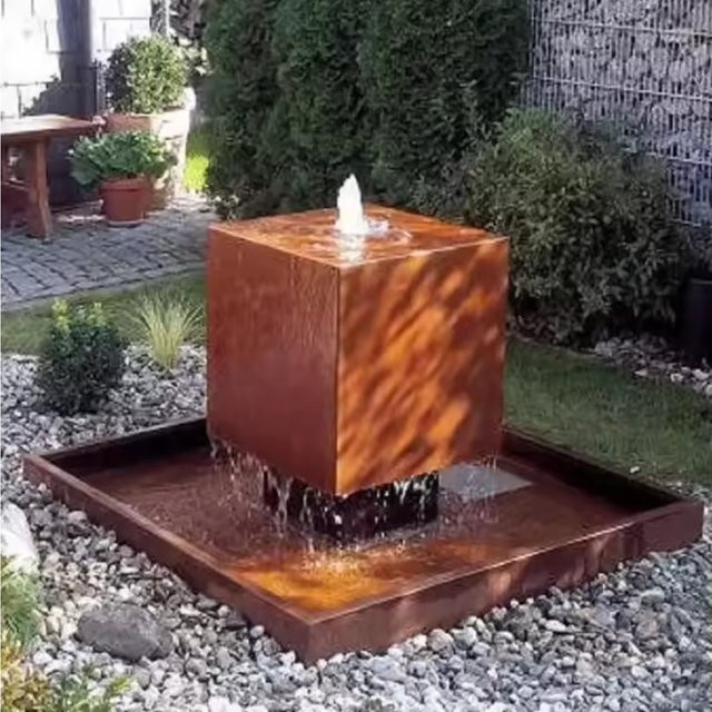 EXW Quadratischer Wassertisch-Brunnen aus Cortenstahl in Braun mit modernem geometrischem Design für Garten und Terrasse - Bild 1