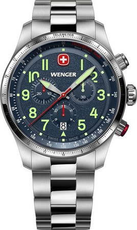 Wenger Chronograph, Quarz, Edelstahl, Blau, 43 mm, Herren