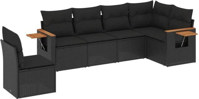 vidaXL 6-teilige Garten-Sofagarnitur in L-Form aus Poly-Rattan und Akazienholz in Schwarz mit Sitz- und Rückenkissen - Bild 1