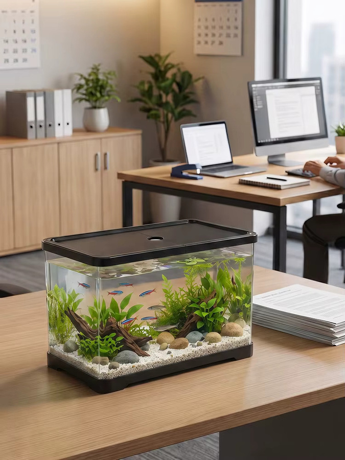 Willstar Transparentes Glas-Fischbecken mit Abdeckung, rechteckiges Desktop-Aquarium in Schwarz für Büro und Heimdekoration - Bild 7