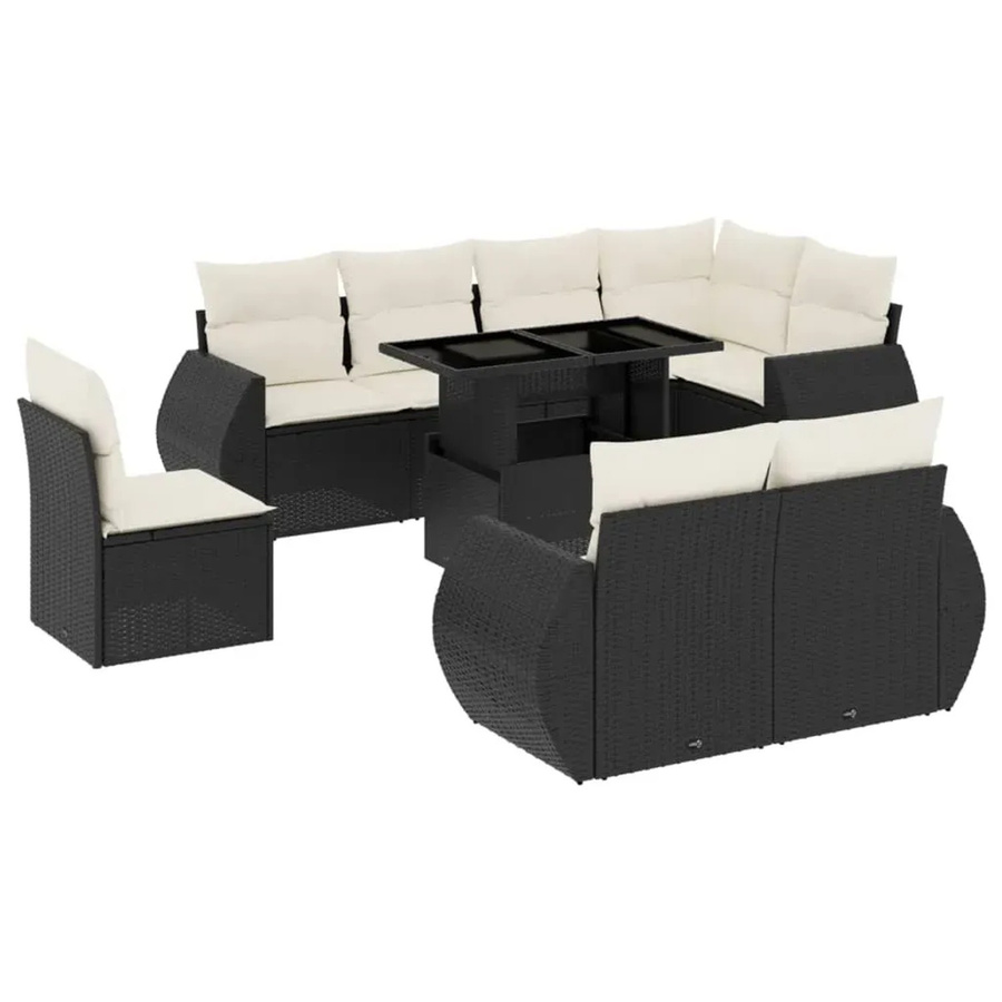 vidaXL 9-tlg. Garten-Sofagarnitur in L-Form aus Poly-Rattan mit Kissen in Schwarz und Cremeweiß - Bild 2