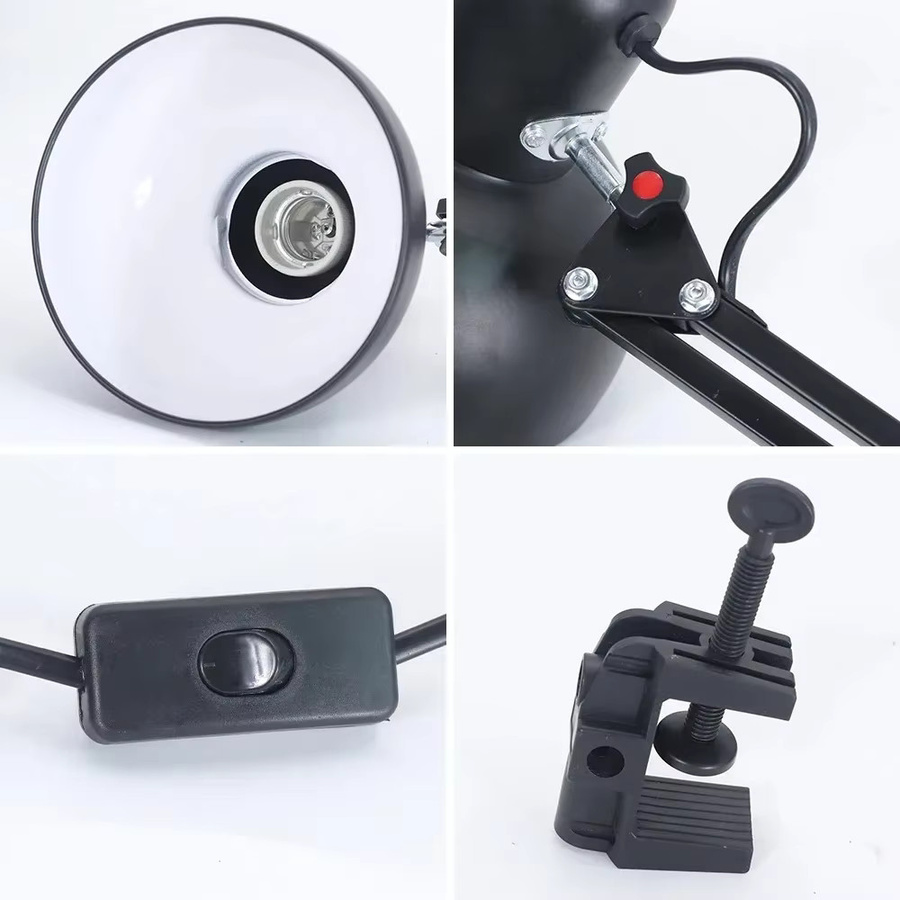 JOYINLED Schreibtischlampe in Schwarz mit flexibler Halterung und Kopfklemme, E27 Fassung, verstellbarer Schwenkarm aus Metall für Büro und Studium - Bild 4