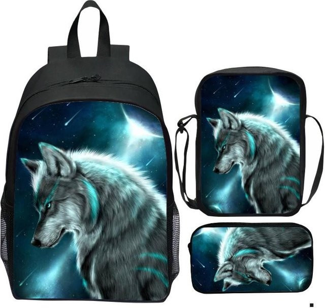 Fancy Style Studio Cartoon-Wolf Set bestehend aus Rucksack, Umhängetasche und Federmäppchen in Schwarz - Bild 1
