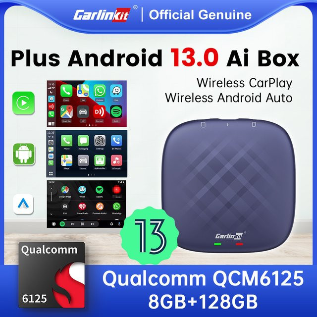 Carlinkit QCM 6125 TV Box Android 13 Plus mit Netflix, YouTube und Spotify, Drahtloses CarPlay und Android Auto, Schwarz, mit GPS und LTE - Bild 1