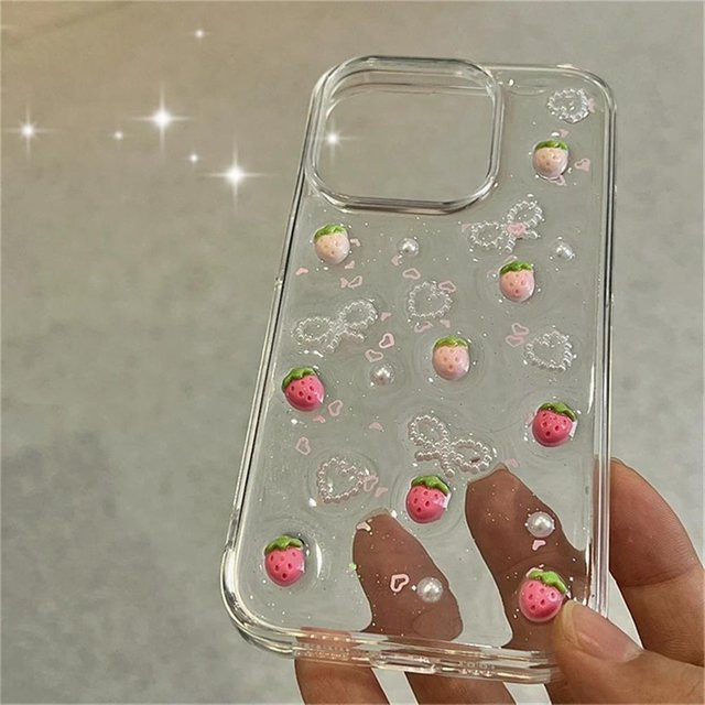 Transparente iPhone Schutzhülle mit 3D Erdbeer-Design, Glitzer, Schleifen und Perlen aus Epoxidharz für Apple iPhone 16, 15, 14, 13, 12, 11 Pro Max und andere Modelle - Bild 1