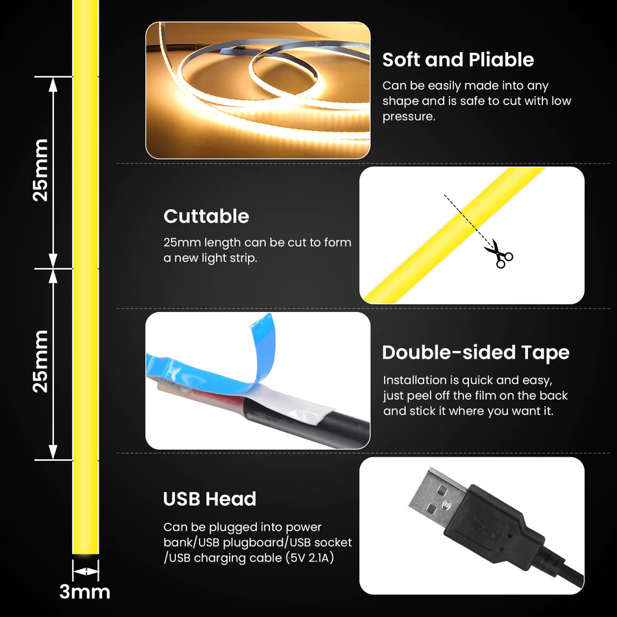 HEGEHE COB LED-Streifen RGB Multicolour 5V mit 320 LEDs/m, flexibles LED-Band für Heimdekoration - Bild 4