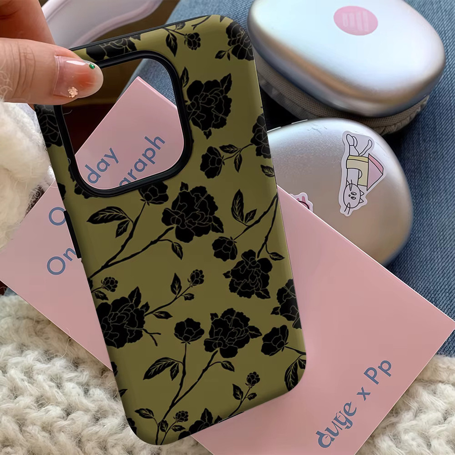 Handyhülle mit schwarzem Blumenmuster auf Olive für Apple iPhone 17 16 15 14 13 12 11 Pro Max Plus mit doppelschichtiger Rückseite - Bild 5