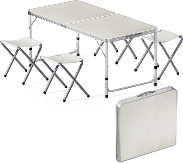 Wiltec Campingmöbel Set aus Aluminium mit 5-teiligem Klappset, Tisch und 4 Stühlen, Farbe Silber/Weiß - Bild 1
