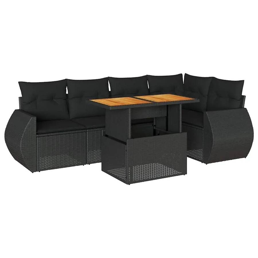 vidaXL 6-teilige Garten-Sofagarnitur in L-Form aus Polyrattan und Akazienholz mit Kissen, Schwarz - Bild 2