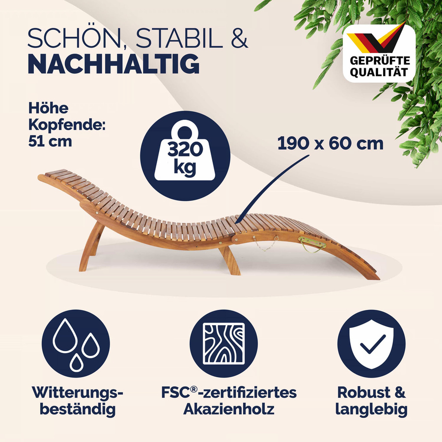 CASARIA Faltbare Gartenliege aus FSC-zertifiziertem Akazienholz in Braun mit verstellbarer Kopfstütze und ergonomischer Form - Bild 2