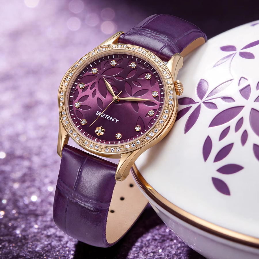 BERNY Armbanduhr Quarz, Roségoldgehäuse, lila, Diamant, Zirkonia, Leder, Damen - Bild 5
