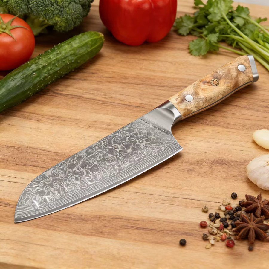 Baovim Santoku-Küchenmesser aus Damast-Edelstahl mit Naturholzgriff in Silber - Bild 4