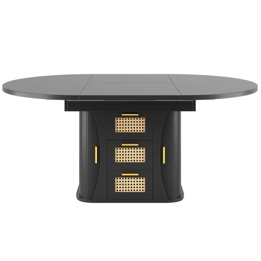 Merax Esstisch ausziehbar in Schwarz mit Rattan-Schubladen, B/T/H: 118 x 77,1 x 75 cm - Bild 2