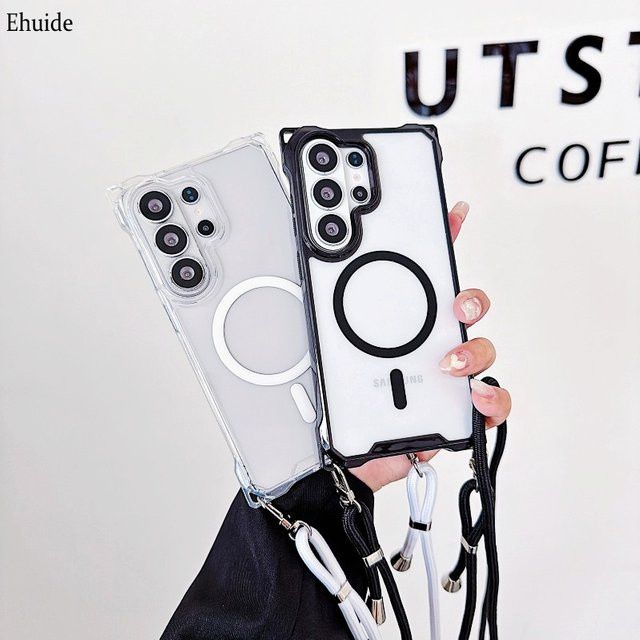 EHUIDE Magnetische Stoßfeste Crossbody-Hülle für Samsung Galaxy S26 Ultra S25 S24 S23 Plus mit Kordel und Vier-Ecken-Schutz, Transparent/Schwarz - Bild 1