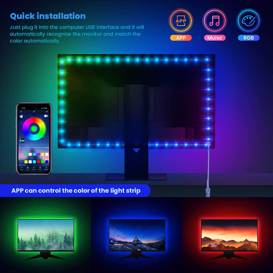 Aiopp RGBIC LED-Streifen für PC-Monitor mit USB-Sync-Box zur Bildschirm-Hintergrundbeleuchtung in Silber und Multicolour - Bild 2