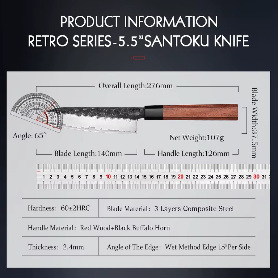 Hezhen Santoku Messer aus 3-lagigem Verbundstahl mit rotem Holzgriff, 13,97 cm - Bild 5