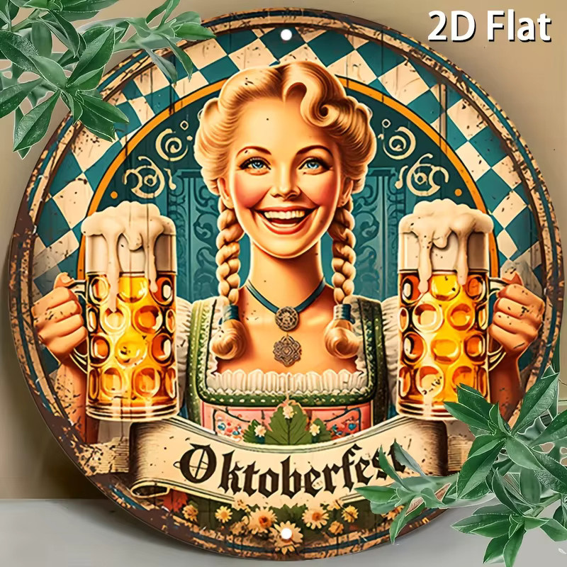 Potdemiel Retro-Metallschild im bayerischen Stil, rundes Aluminium-Poster mit festlichen Motiven, Durchmesser: 19,81 cm, Mehrfarbig - Bild 3