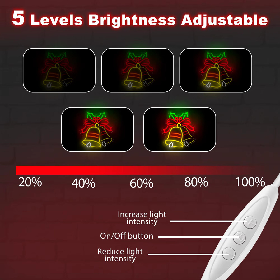 Dimmbares LED-Neonschild mit Weihnachtsglocken und roter Schleife, bunt leuchtende Wanddekoration für dein Zuhause - Bild 3