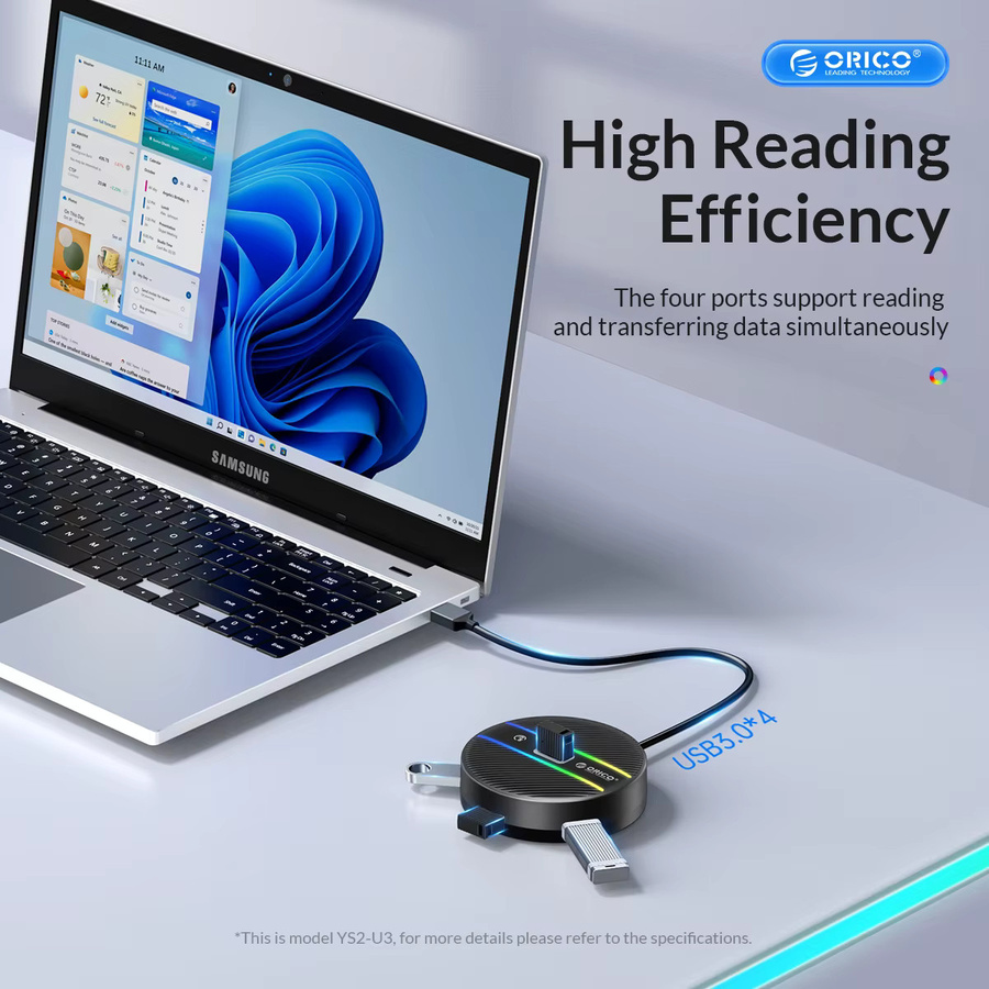 ORICO RGB USB 3.0 Hub mit USB-C Power Port Adapter, 5 Gbit/s Multi Splitter OTG Adapter für PC, Computer und MacBook Pro, Schwarz - Bild 4