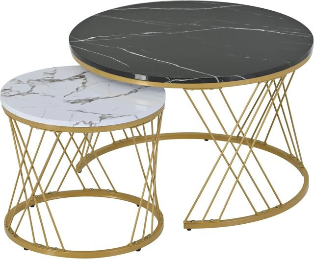 okwish Couchtisch Set mit Marmoroptik und goldenem Gestell, Schwarz, B/T/H: 70 x 70 x 45 cm - Bild 1