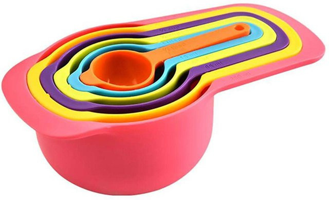 6er Set bunte Kunststoff Messbecher und Messlöffel von IFITU PUBO für Kaffee, Milch und Tee zum Backen - Bild 1