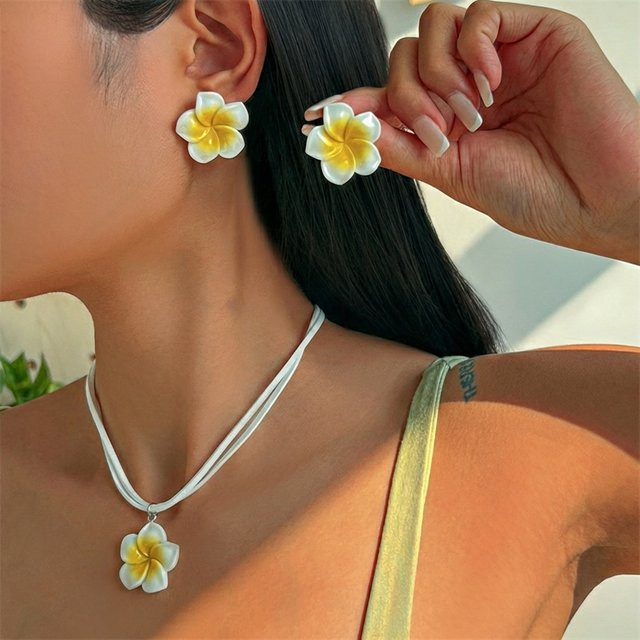 RINHOO FRIENDSHIP Schmuckset, weiße Blumen, Halskette, Ohrringe, Damen - Bild 1